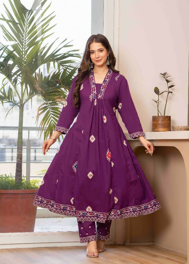 Jaimini Women Cotton Printed V-Neck 3/4 Sleeves Calf Length Flared Kurta Pant And Dupatta Set