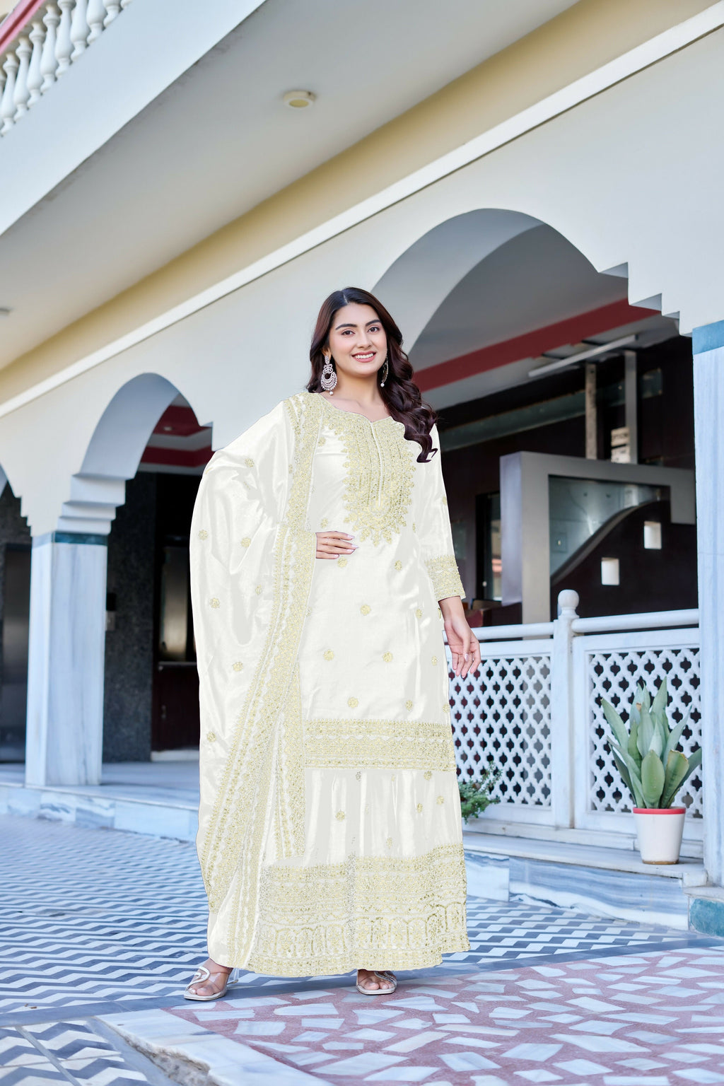 Teeya Creation White Color Chinon Silk Heavy Embroidery Work Wedding Wear Sharara