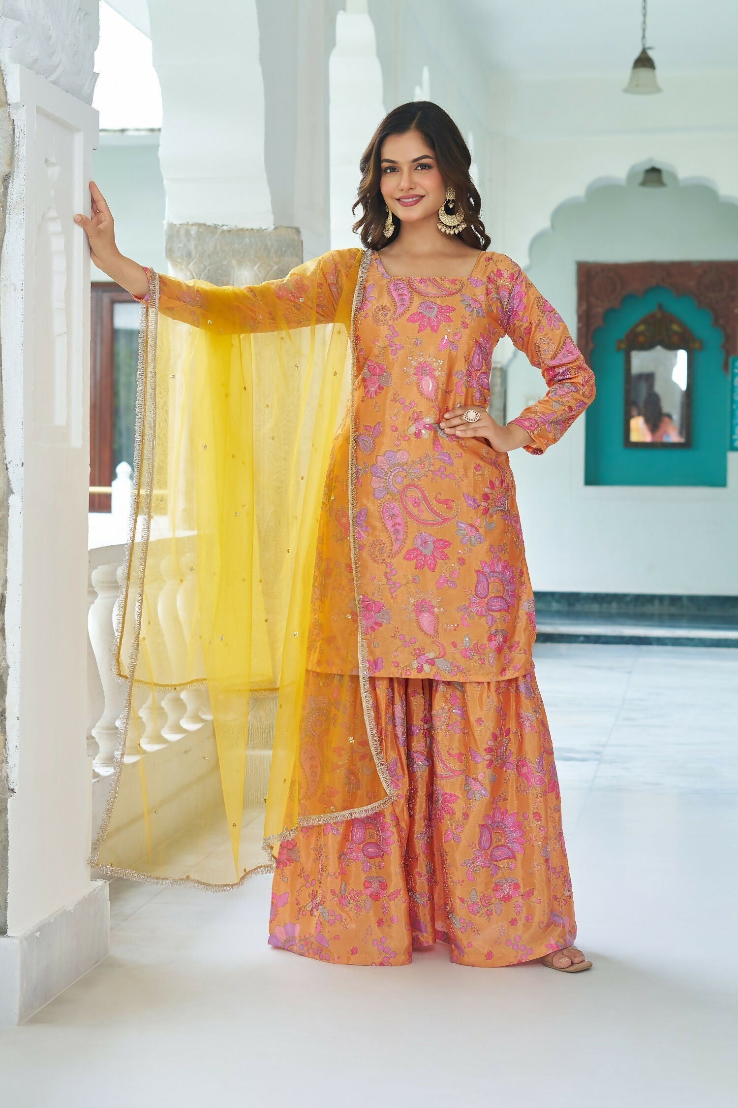 Joban Fashion Yellow Kurta Set Chinnon Embroidery Sequence Work