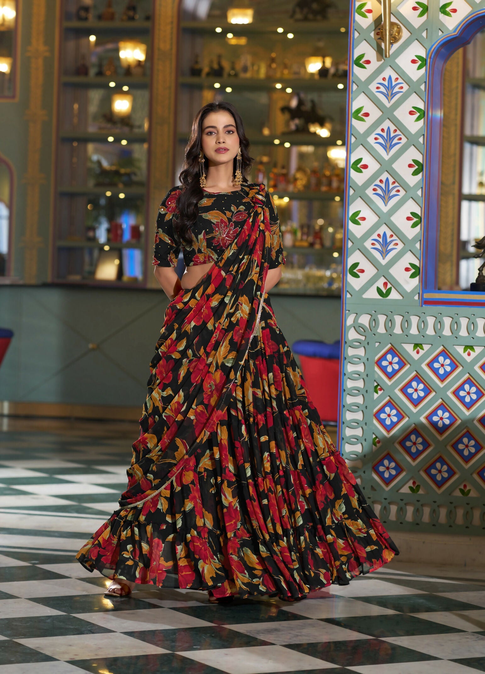 Lorenvalley Fashion Black Tasar Silk Printed And Iconic Sparkle with Lace Border Lehenga Choli with Dupatta