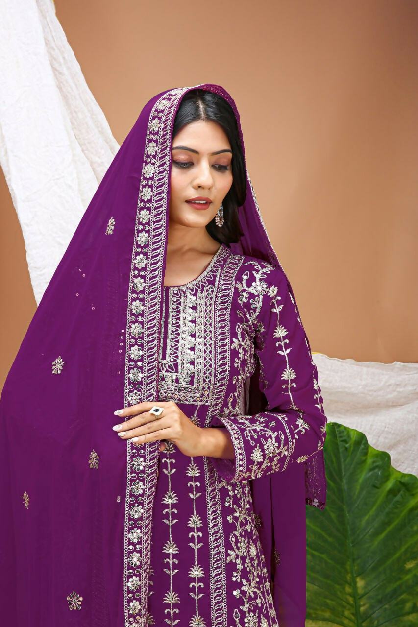 Teeya Creation Wine Faux Georgette Embroidery Work Wedding Wear Salwar Suit