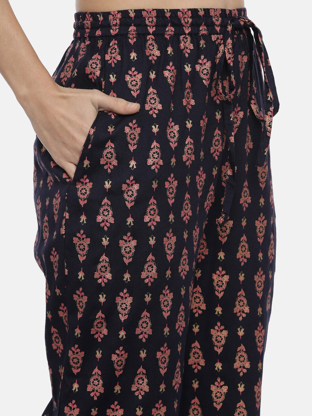 Souchii Navy Blue & Pink Printed Kurta with Palazzos