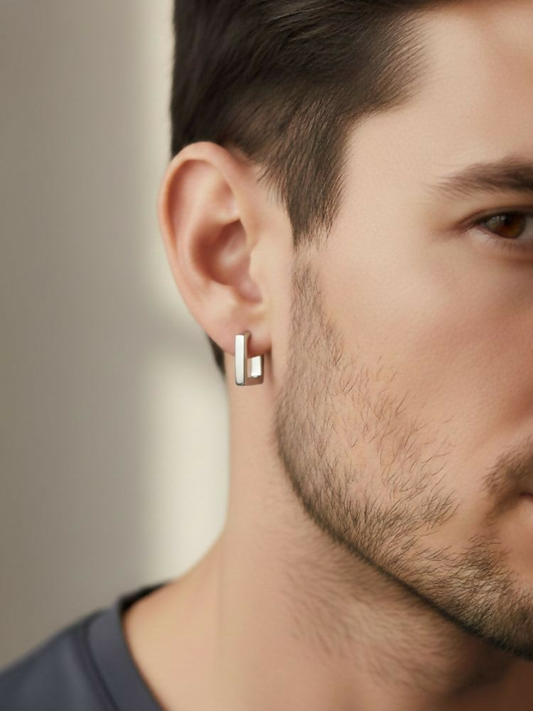 NVR Men's Set of 3 Multicolour Geomatric Shaped Hoop Earrings