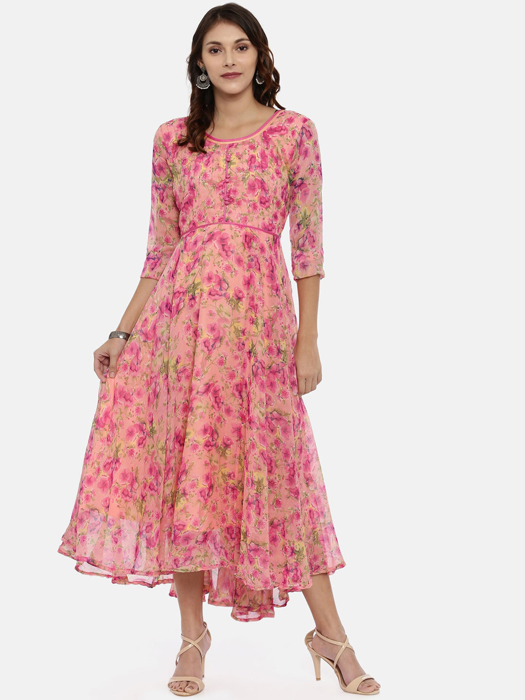 Souchii Women Pink & Yellow Floral Printed Fit & Flare Dress