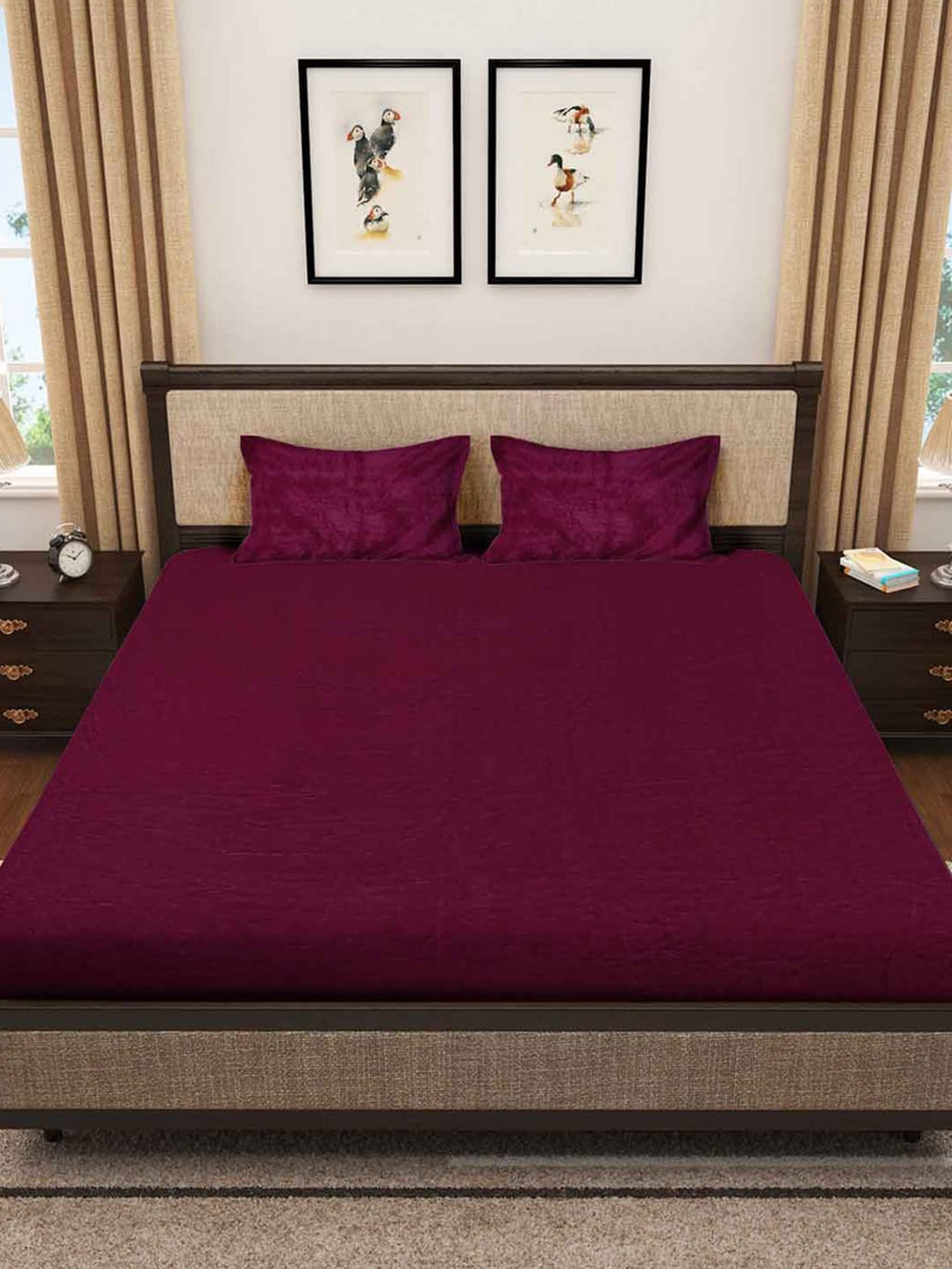 KLOTTHE Maroon 300 TC Woolen Fitted Double King Bedsheet With 2 Pillow Covers