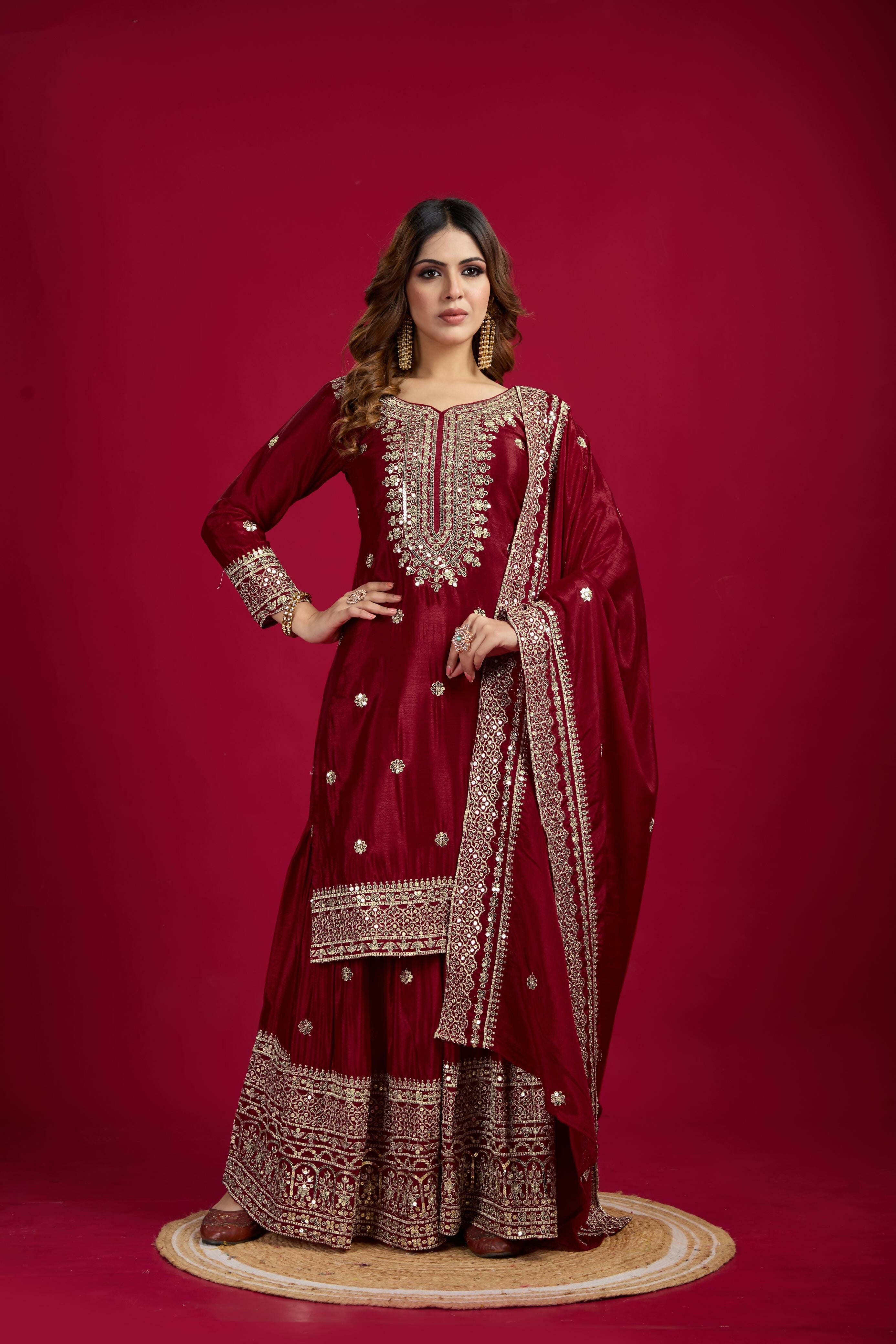 Joban Fashion Maroon Kurta Set Silk Sequins , Zari, Coding & Thread Embroidered work
