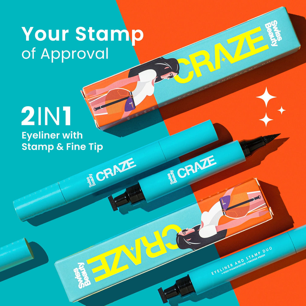 Swiss Beauty CRAZE Eyeliner and Stamp Duo Wing Eyeliner Stamp and Pen Waterproof Formula - Black
