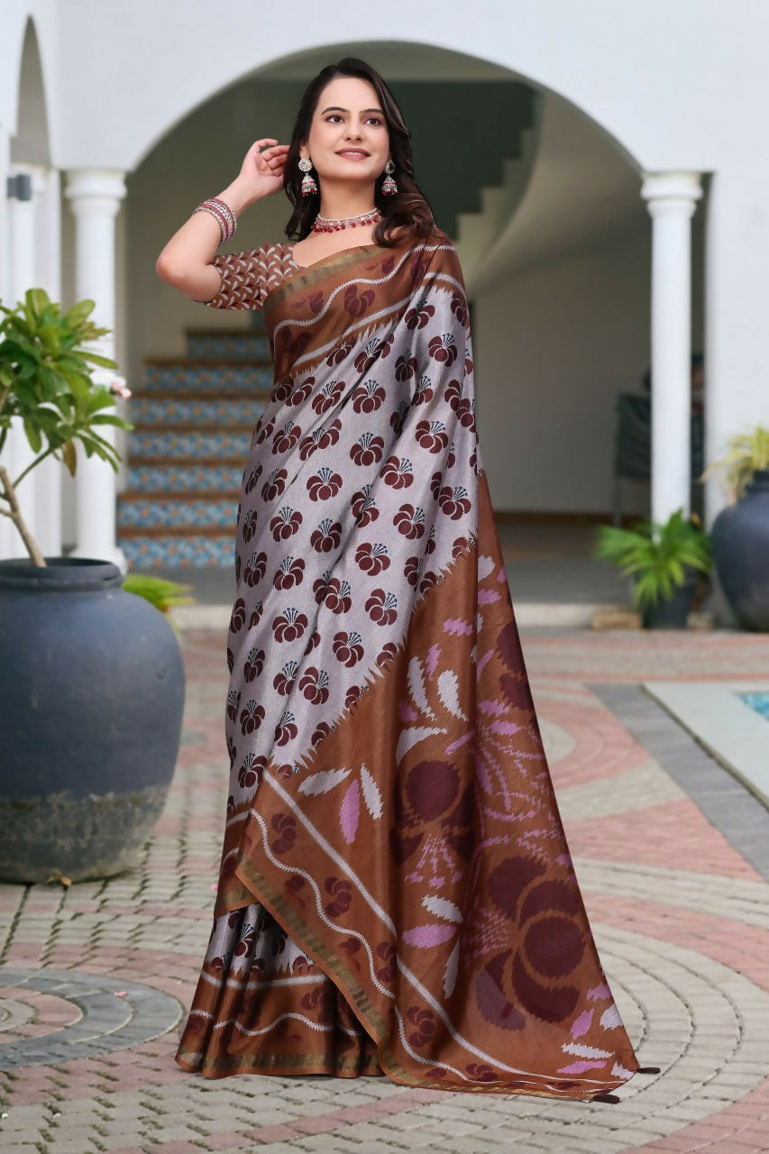 Prime Volt Women's Brown Printed Mal Cotton Saree with Designer Blouse Piece