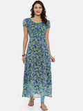 Souchii Blue & Green Printed A-Line Kurta