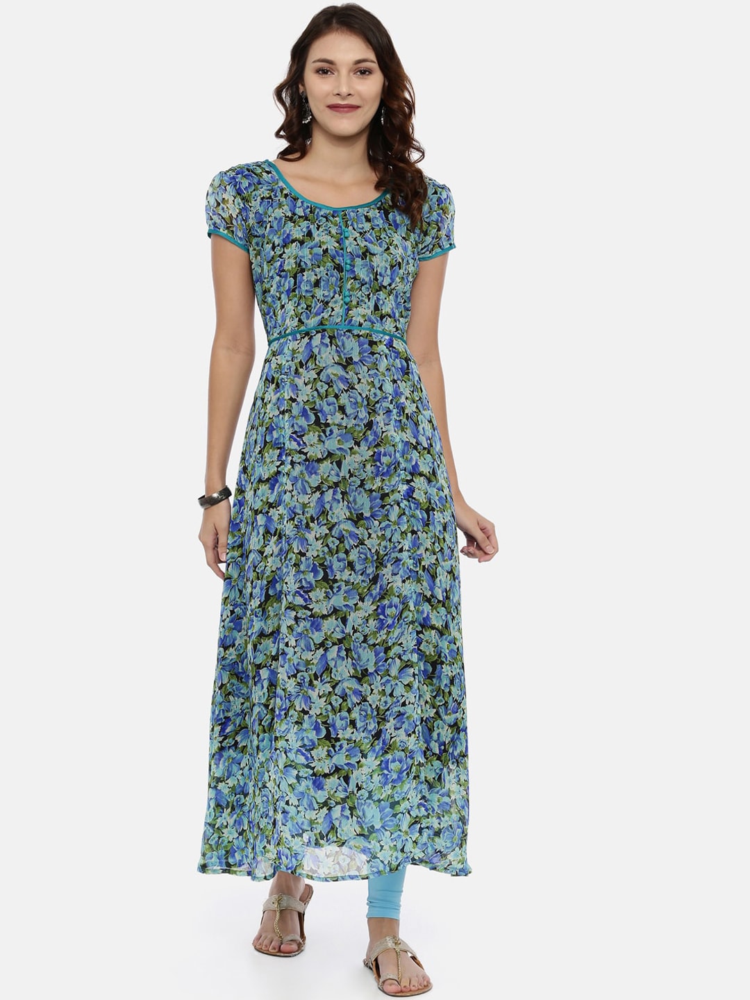 Souchii Blue & Green Printed A-Line Kurta