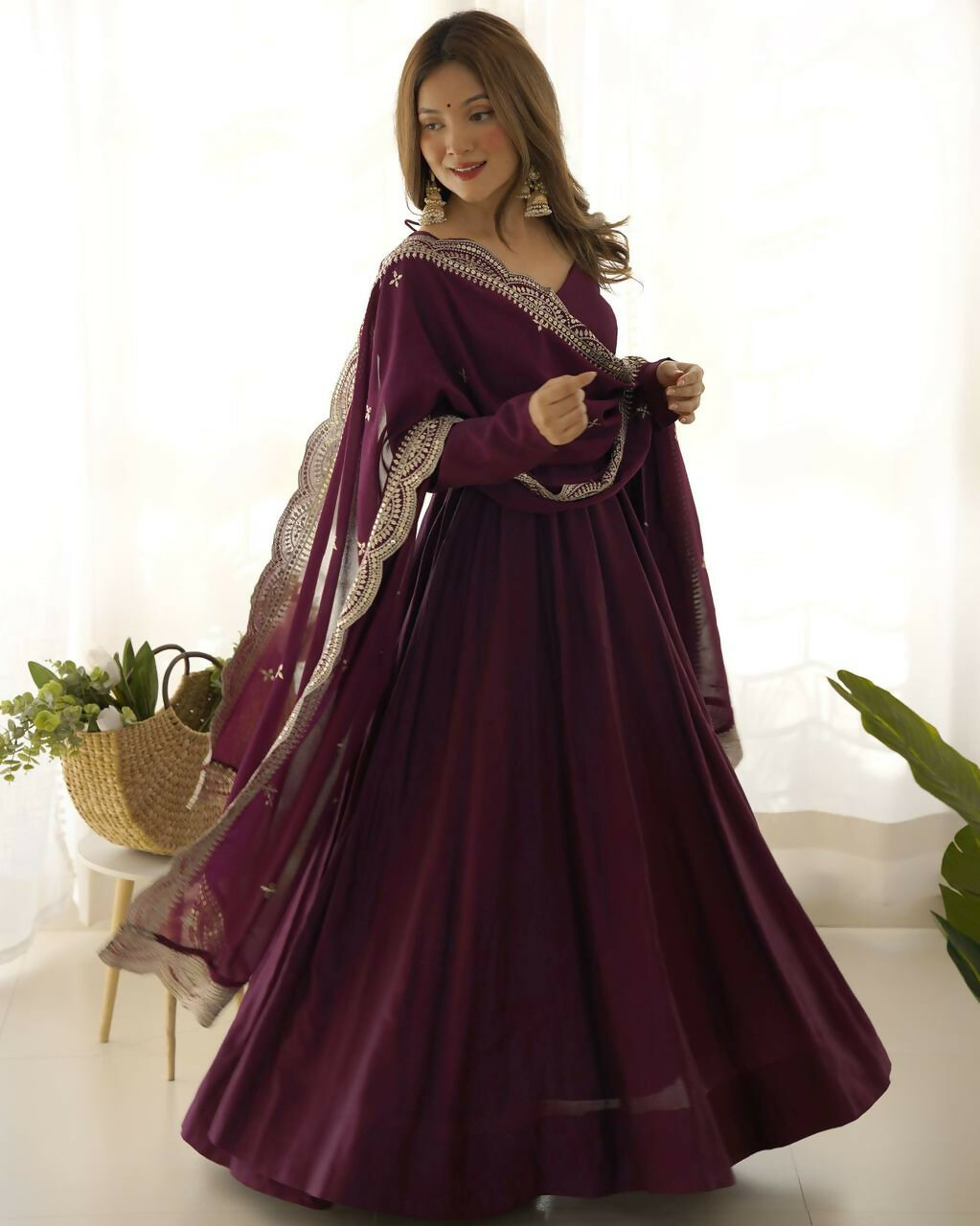 Lehenga Mart Designer Anarkali Suit With Kurta, Pant, Dupatta For Women-Wine