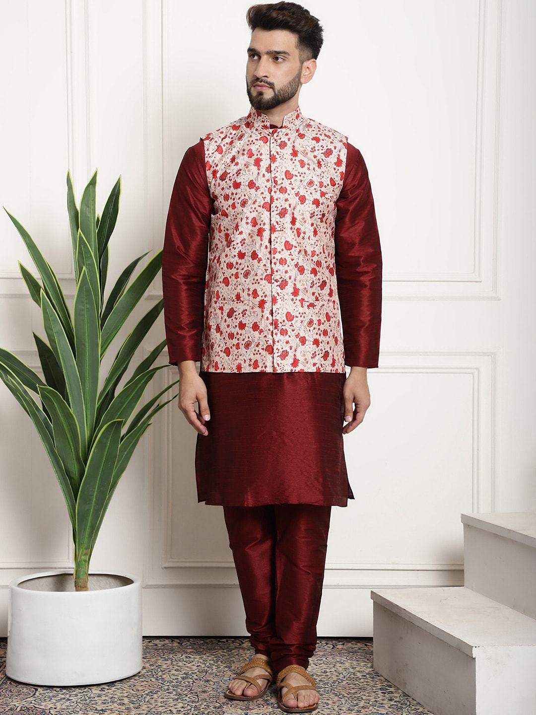 Sojanya Men Maroon & Beige Solid Kurta with Churidar & Printed Nehru Jacket