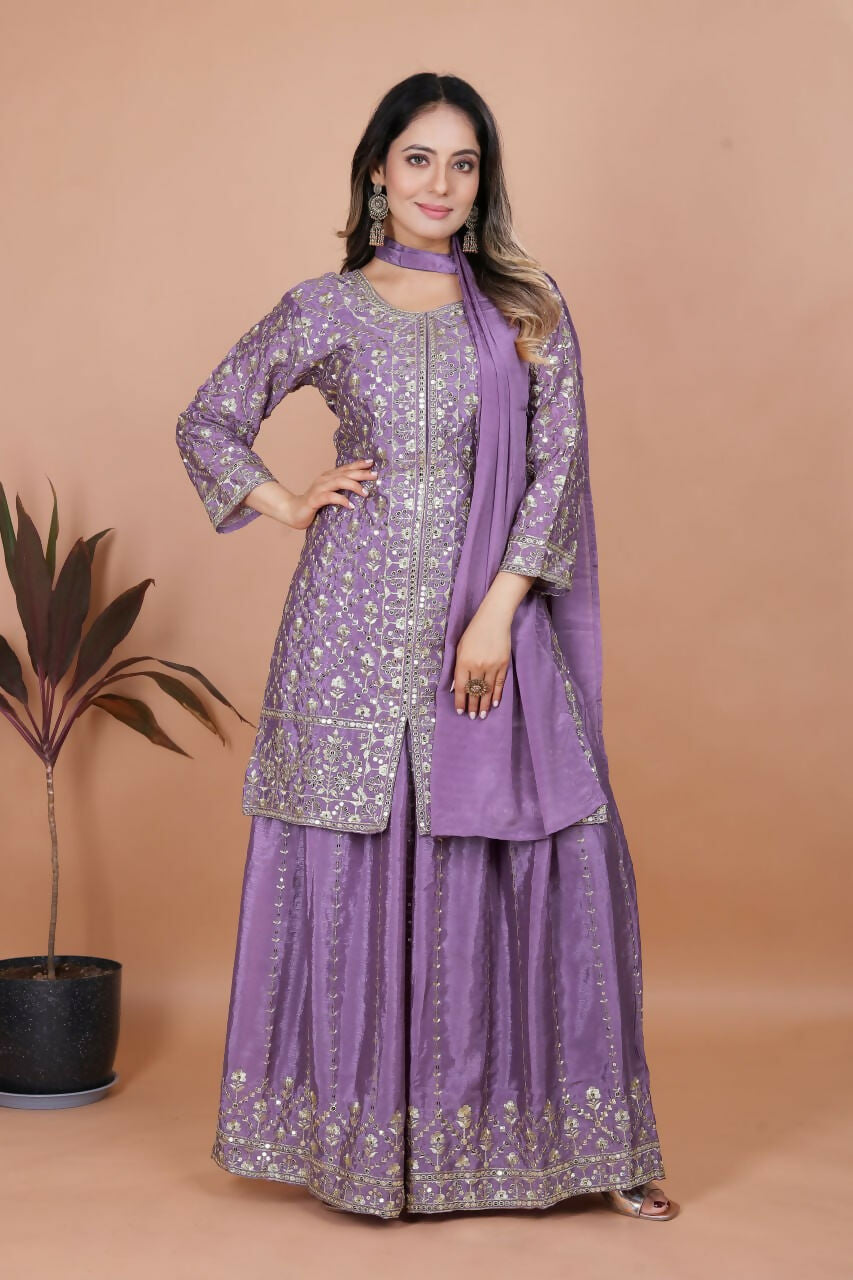 Joban Fashion Purple Silk Embroidered Sharara Set