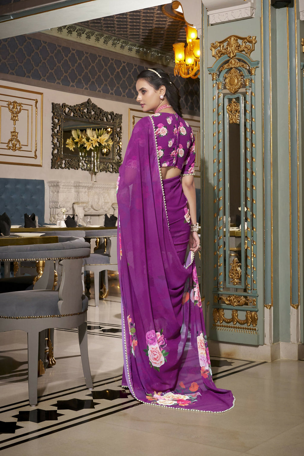 Vastranavya Purple Spectacular Georgette Printed with Pearl Lace Saree with Unstitched Blouse
