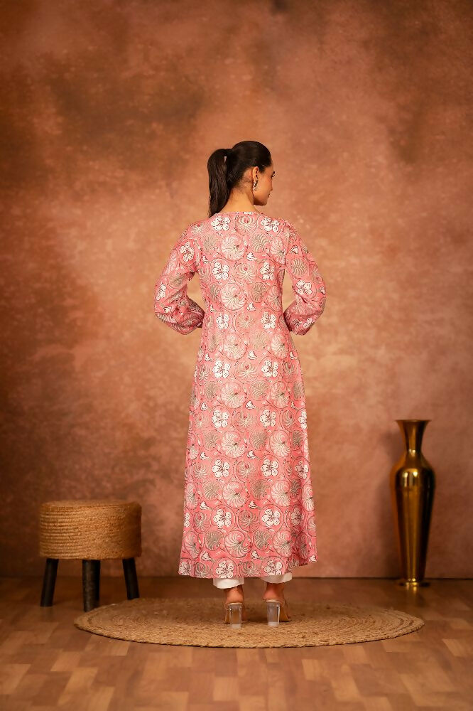 Joban Fashion Pink Floral Hand Block Printed Cotton Kurta Pant Set