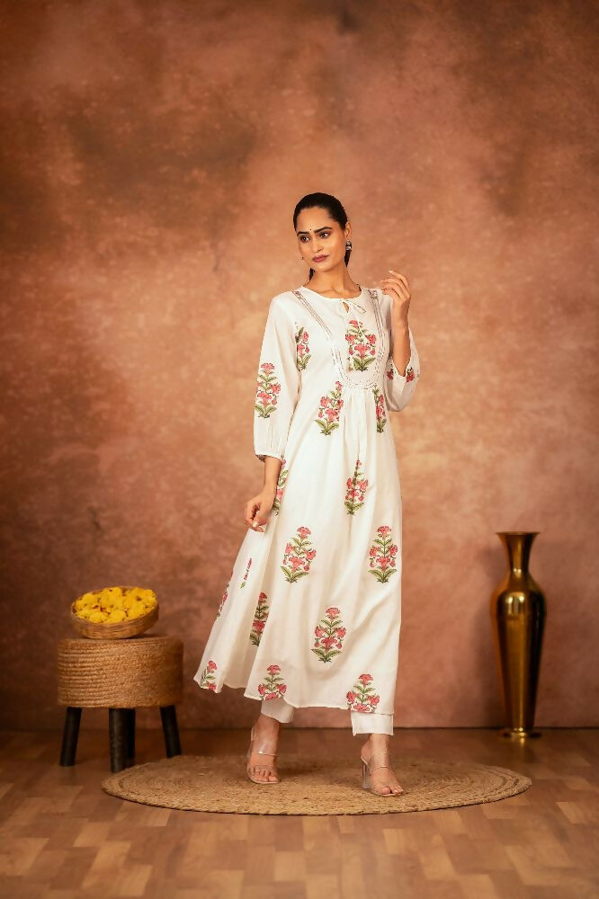 Joban Fashion Off White Pink Floral Hand Block Printed Cotton Kurta Pant Set
