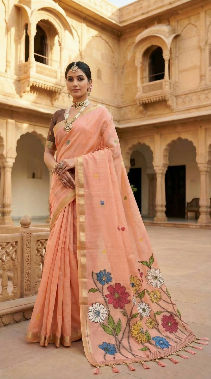 Vastranavya Peach Muga Cotton Meenakari & Azarakh Pallu Saree with Contrast Blouse