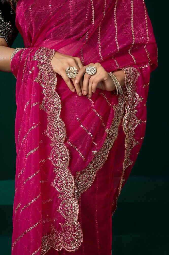 Joban Fashion Rani Pink Net Party Wear Sarees