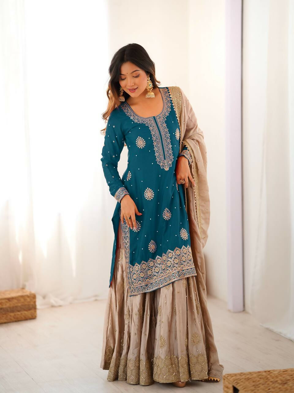 Lehenga Mart Designer Sharara Suit With Kurta, Sharara, Dupatta For Women-Teal Blue