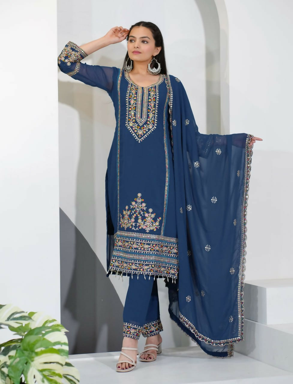 Joban Fashion Blue Georgette Embroidered Kurti Set