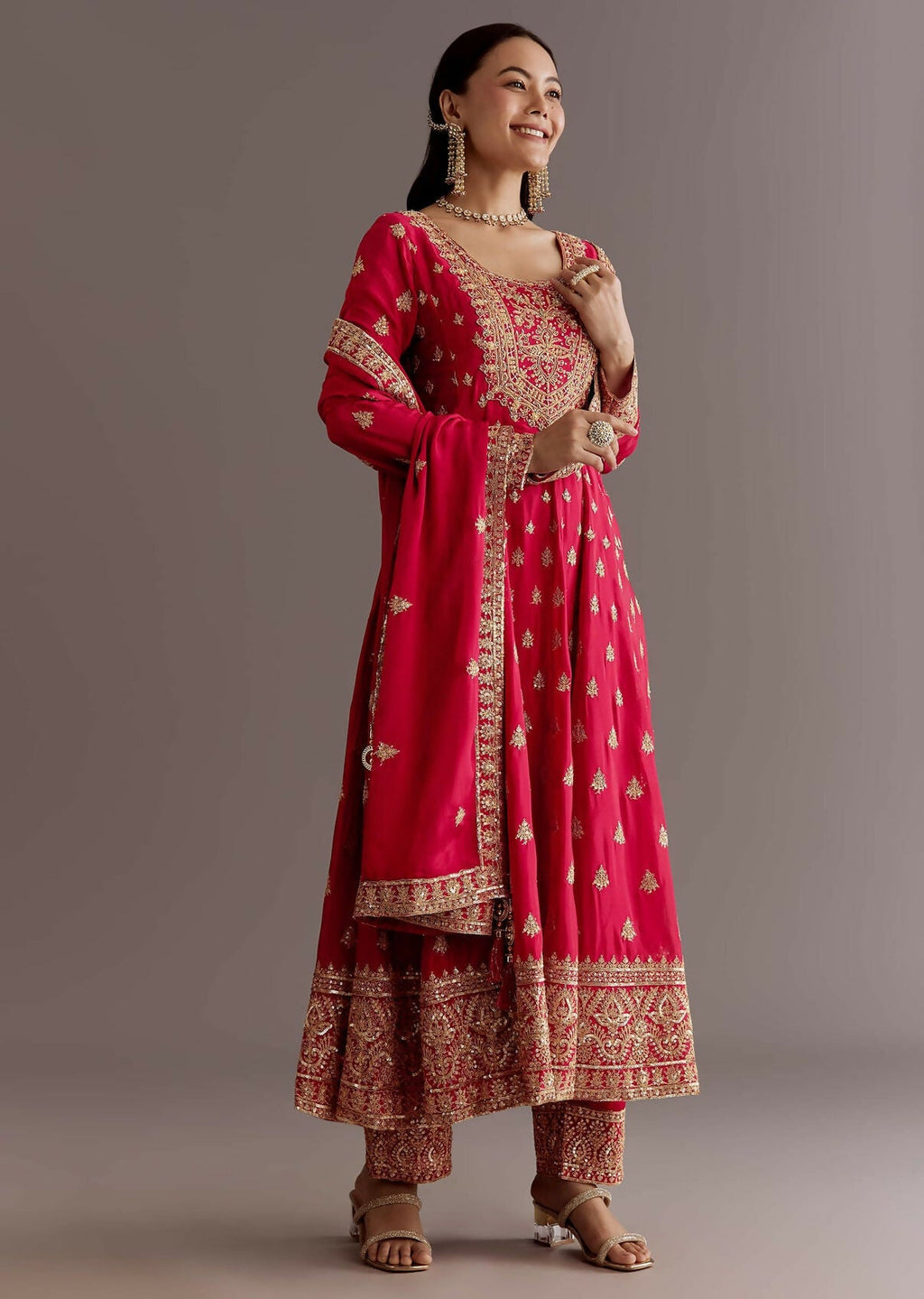 Teeya Creation Red Color Chinnon Silk Embroidery Work Gown