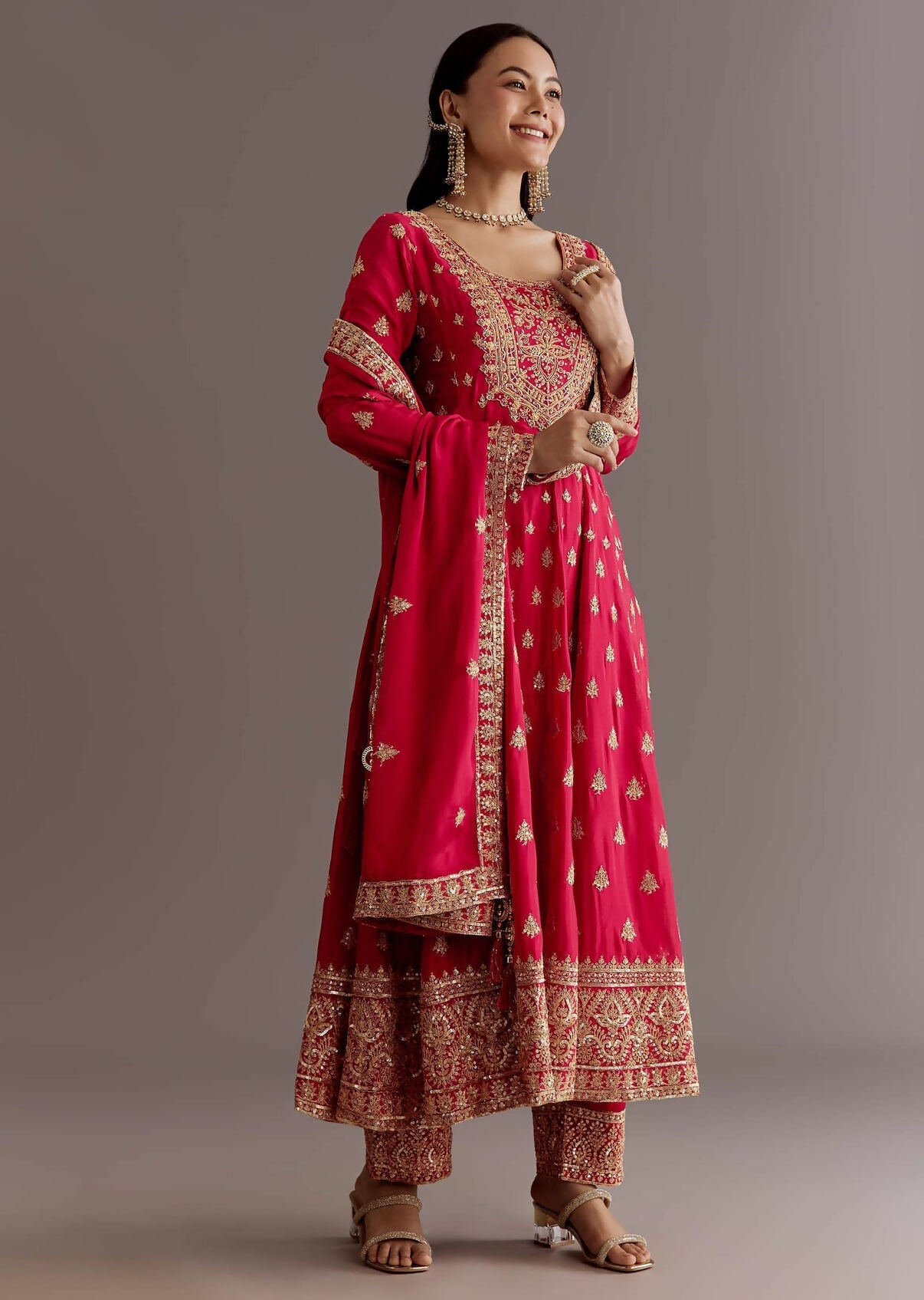 Teeya Creation Red Color Chinnon Silk Embroidery Work Gown