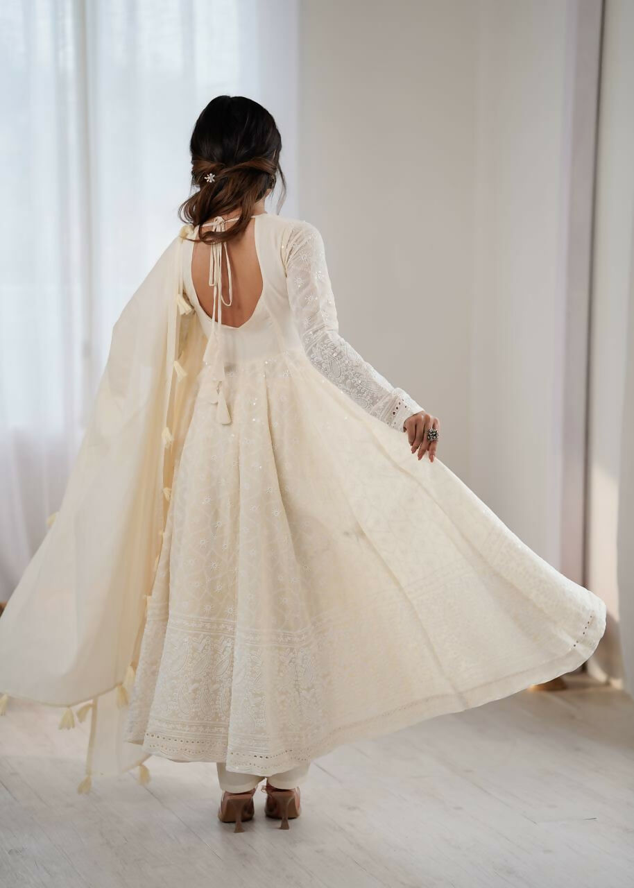 Teeya Creation Cream Kora Cotton Designer Embroidery Work long Gown