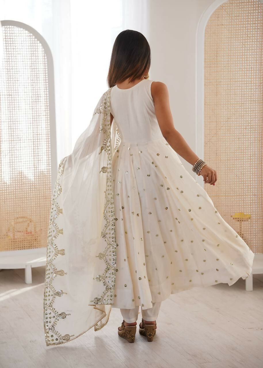 Teeya Creation White Color Roman Silk Embroidery Work Party Wear Gown