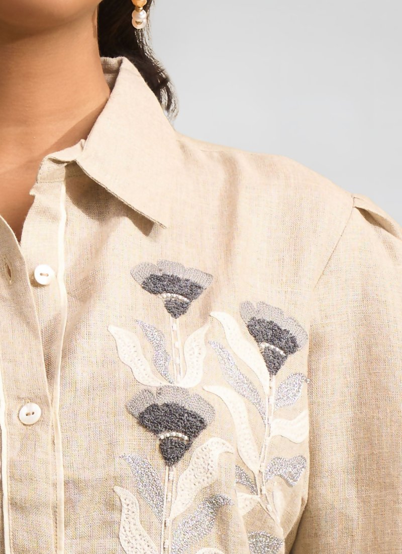 Joban Fashion Beige Linen Embroidered Readymade Cord Set