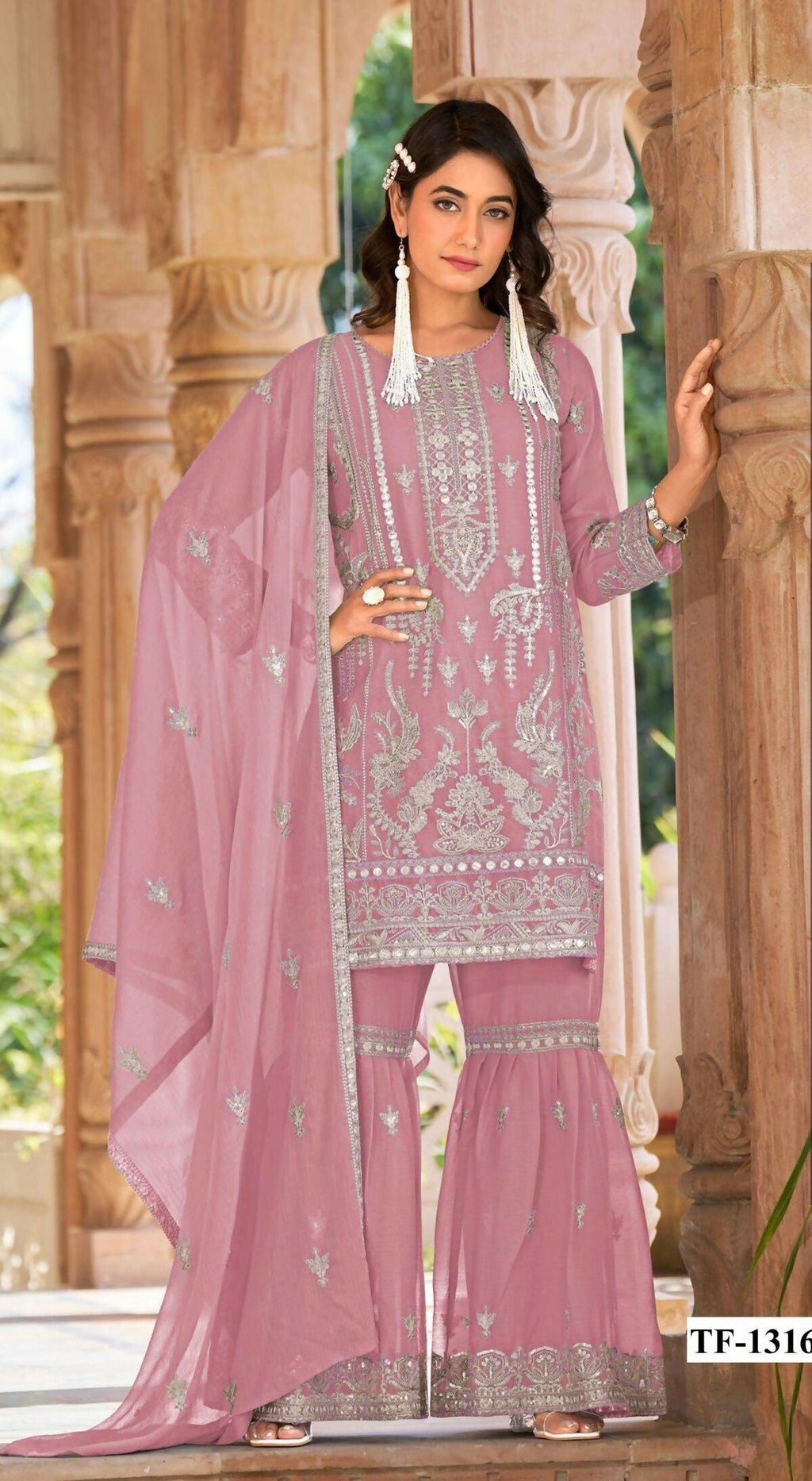 Anaita Pink Nylon Organza Suit With Embroidery & Mirror Work