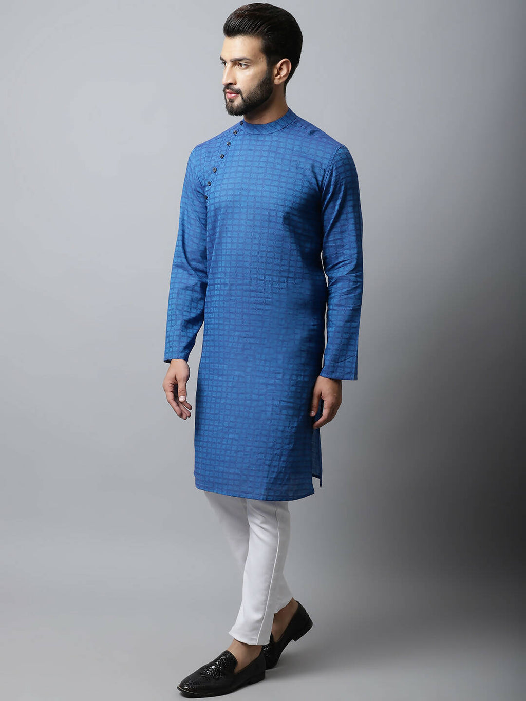 Even Apparels Blue Color Pure Cotton Men's Kurta With Band Collar (CHK1198)