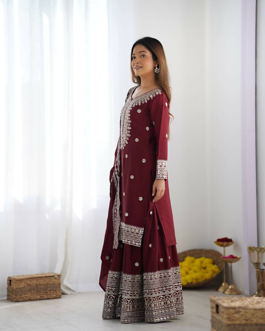 Joban Fashion Maroon Kurta Set Silk Sequins , Zari, Coding & Thread Embroidered work