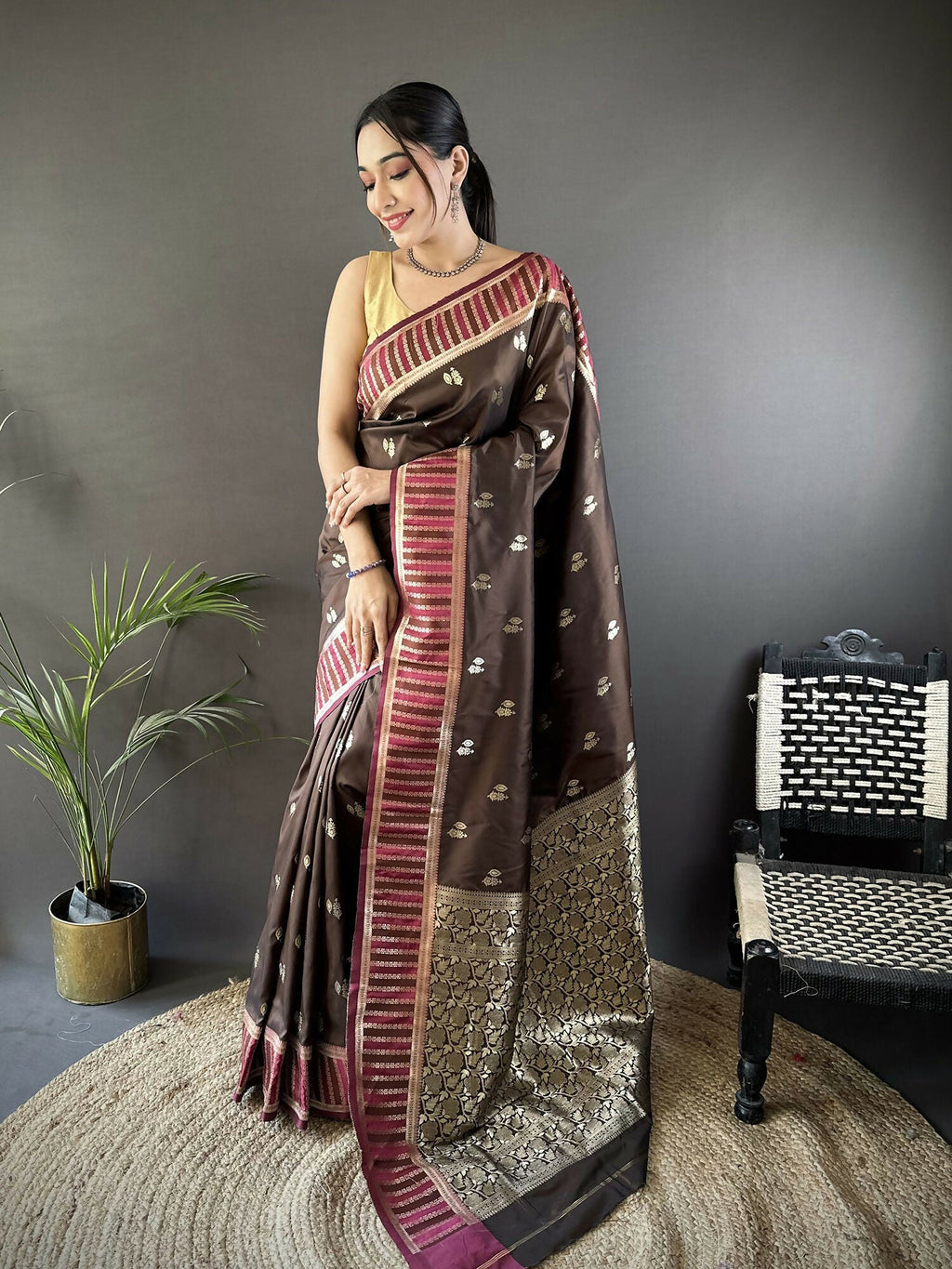 Joban Fashion Brown Woven Zari Motifs Lichi Silk Banarasi Silk Saree