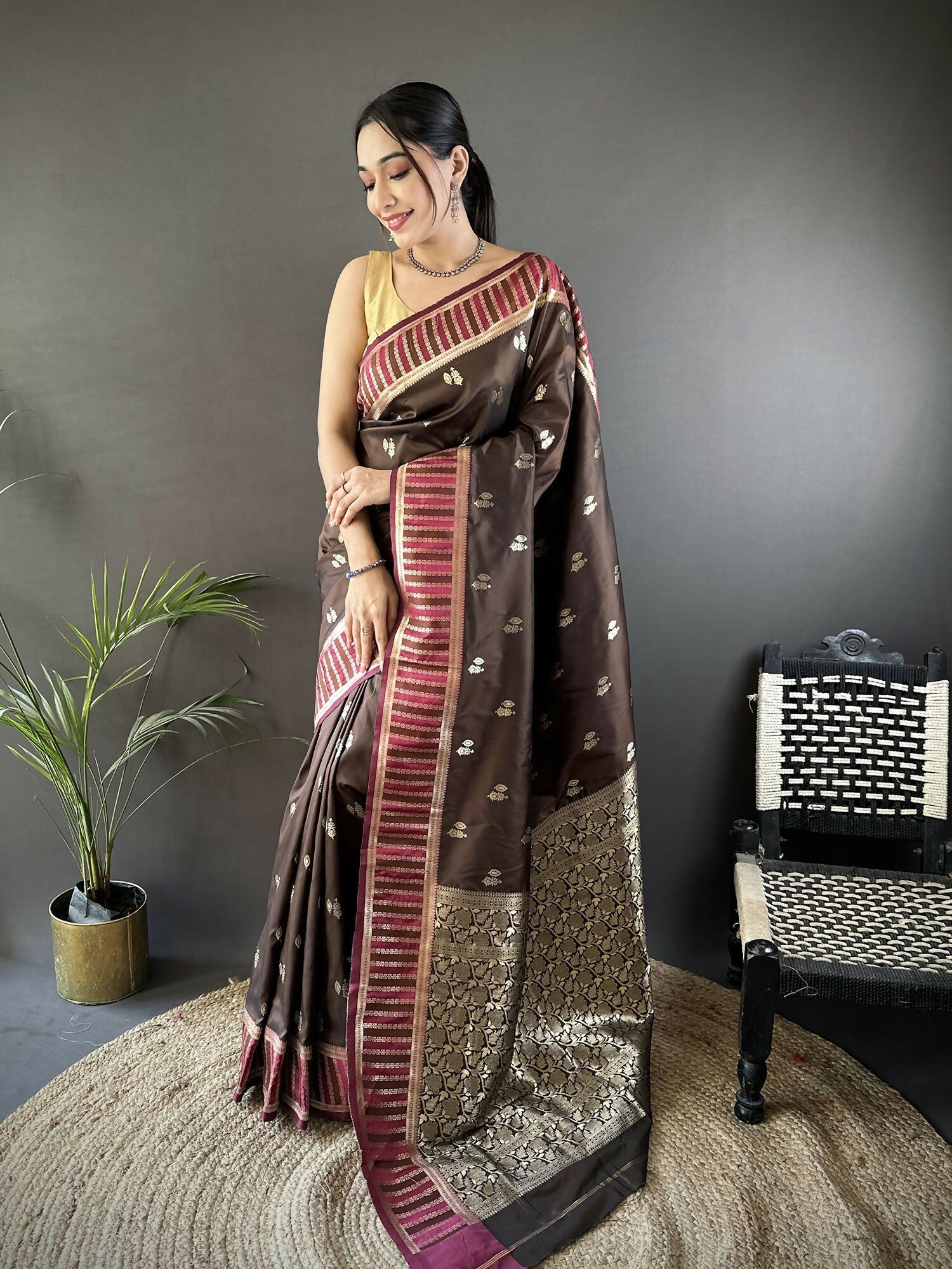 Joban Fashion Brown Woven Zari Motifs Lichi Silk Banarasi Silk Saree