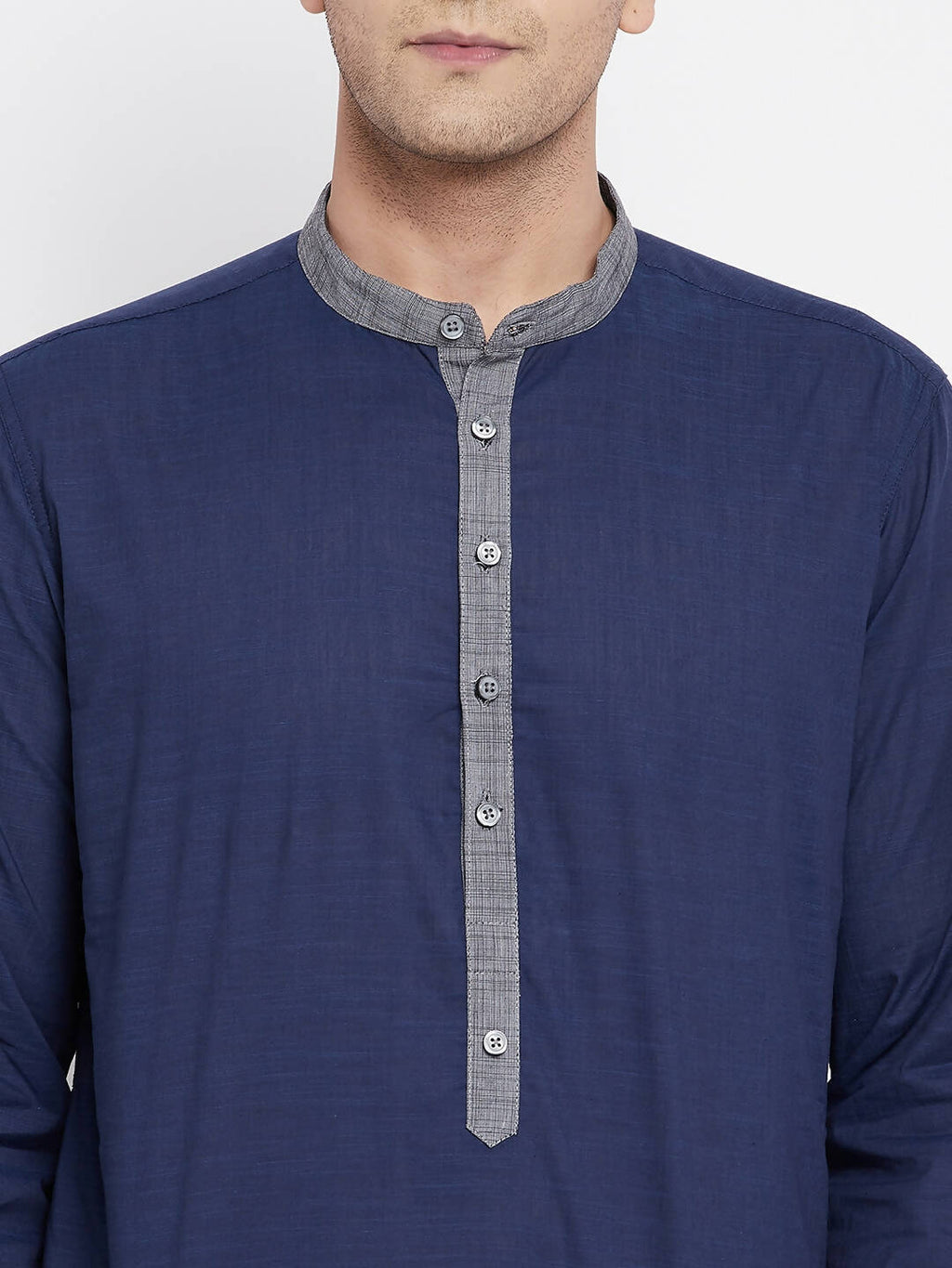 Even Apparels Blue Pure Cotton Men's Kurta With Contrast Collar And Placket