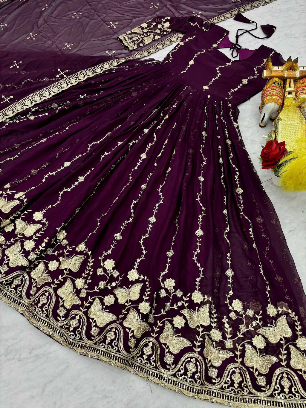 Teeya Creation Womens New Trendy Heavy Cording Sequence & Beads Embroidery Work Purple Gown Set