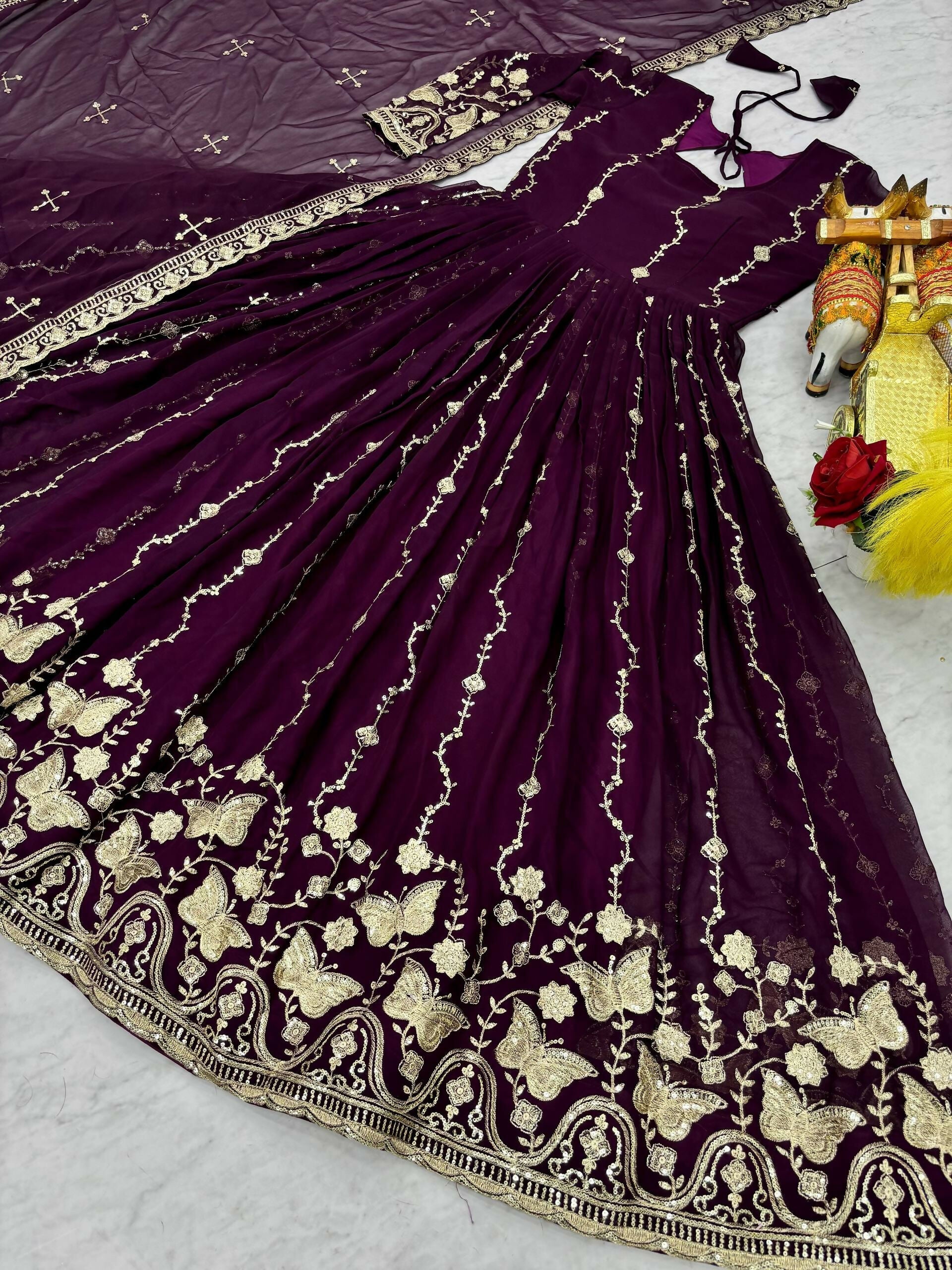 Teeya Creation Womens New Trendy Heavy Cording Sequence & Beads Embroidery Work Purple Gown Set