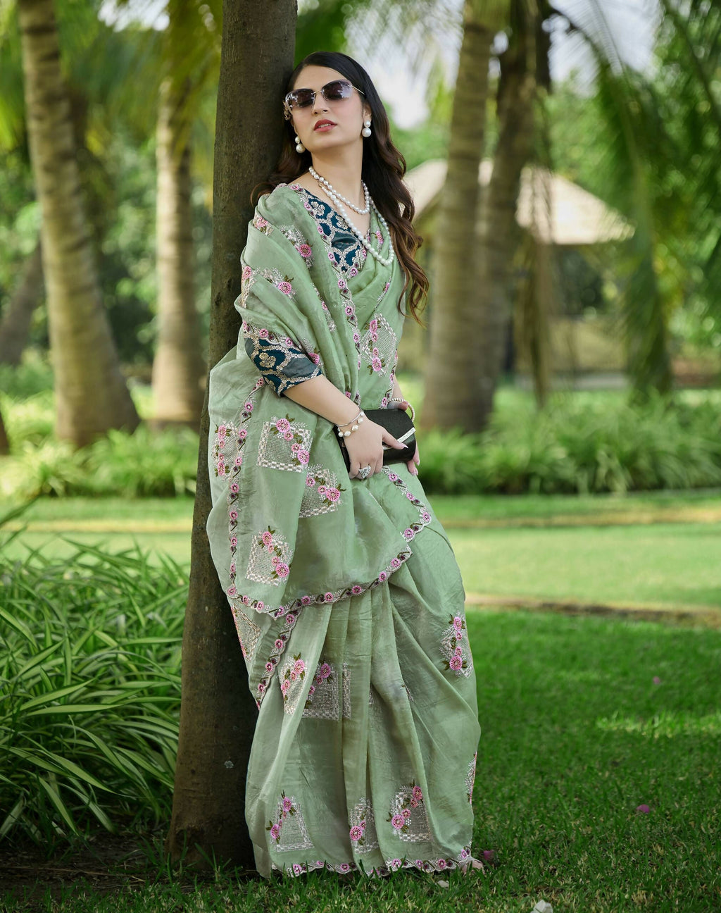 Teeya Creation Pista Color Pure Paper Silk Heavy Embroidery Work Wedding Wear Saree