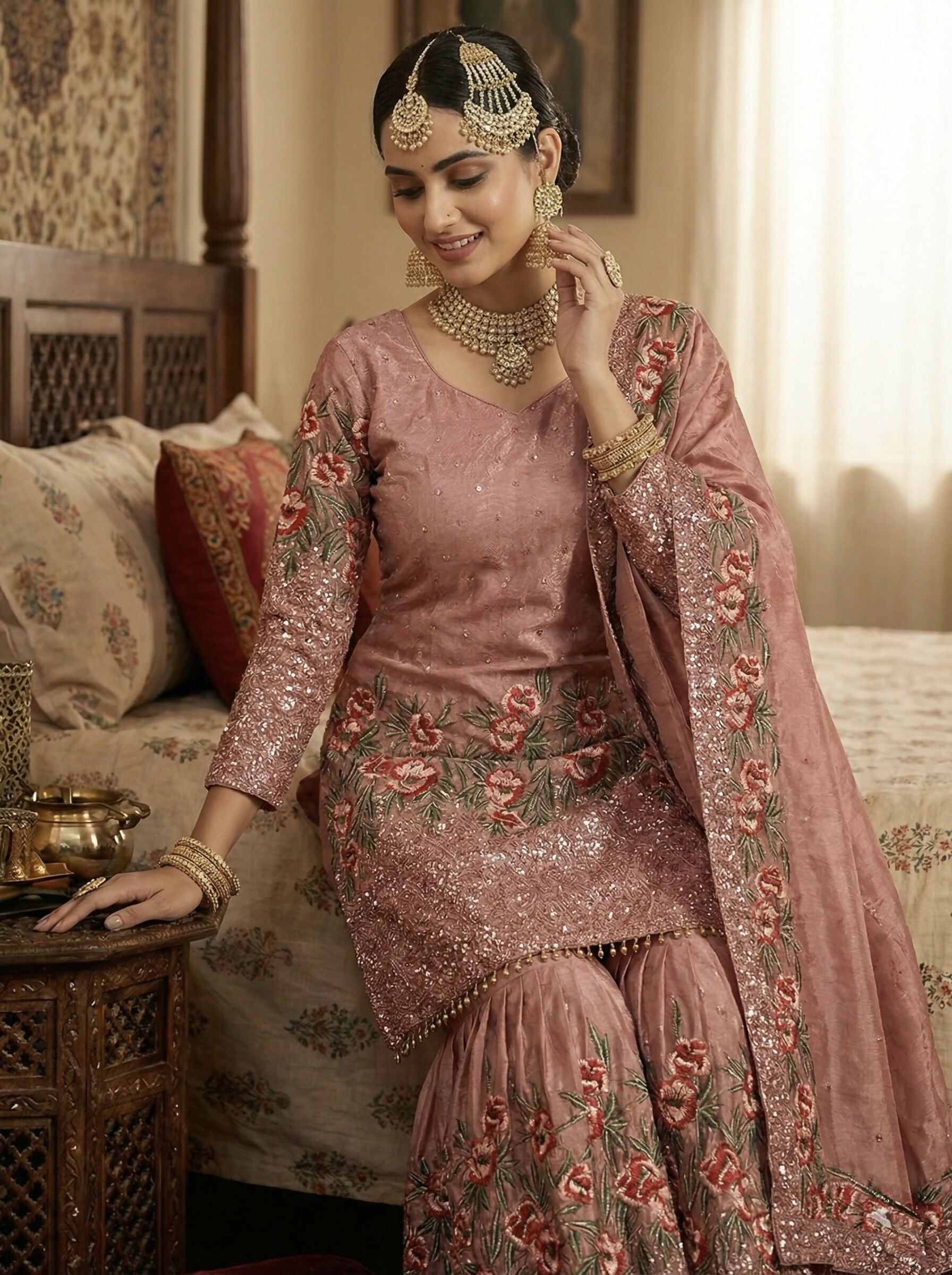 Teeya Creation Peach Fendy Silk Heavy Embroidery Work Party Wear Sharara Suit