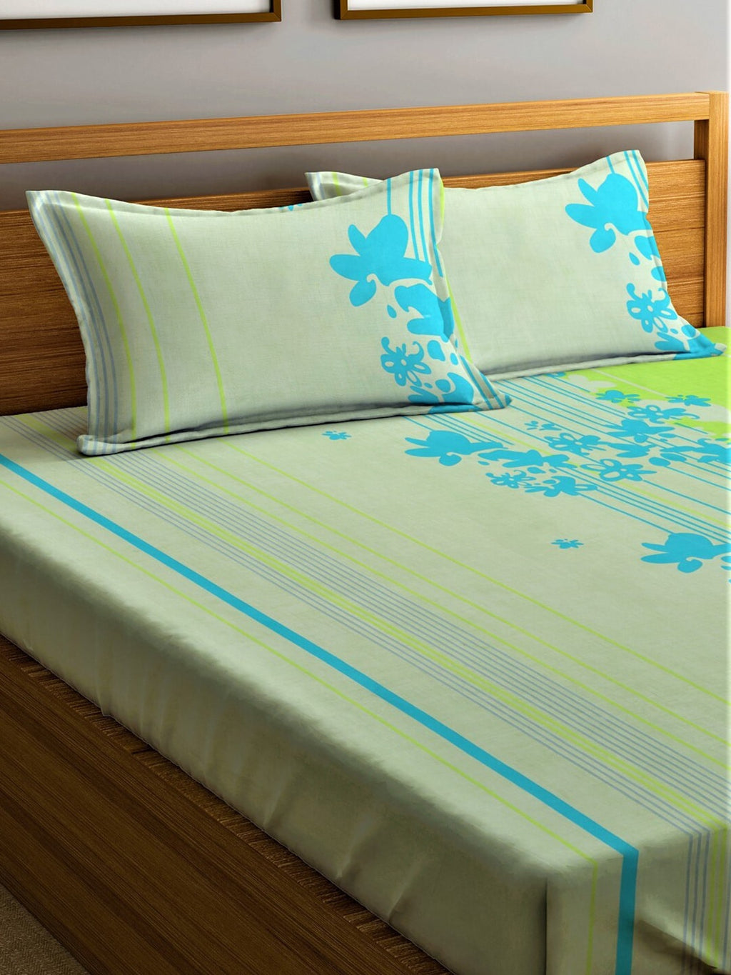 Home Sizzler Green & Blue Floral Cotton 210 TC Queen Bedsheet with 2 Pillow Covers