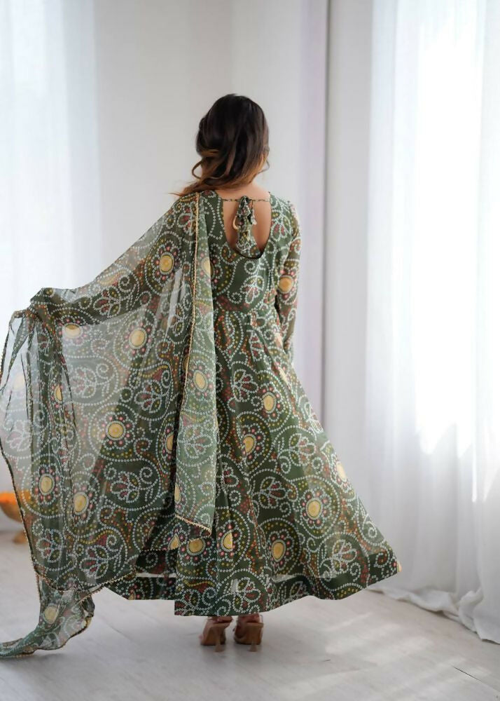 Teeya Creation Green Soft Organza Digital Printed Functional Wear Trending Long Gown