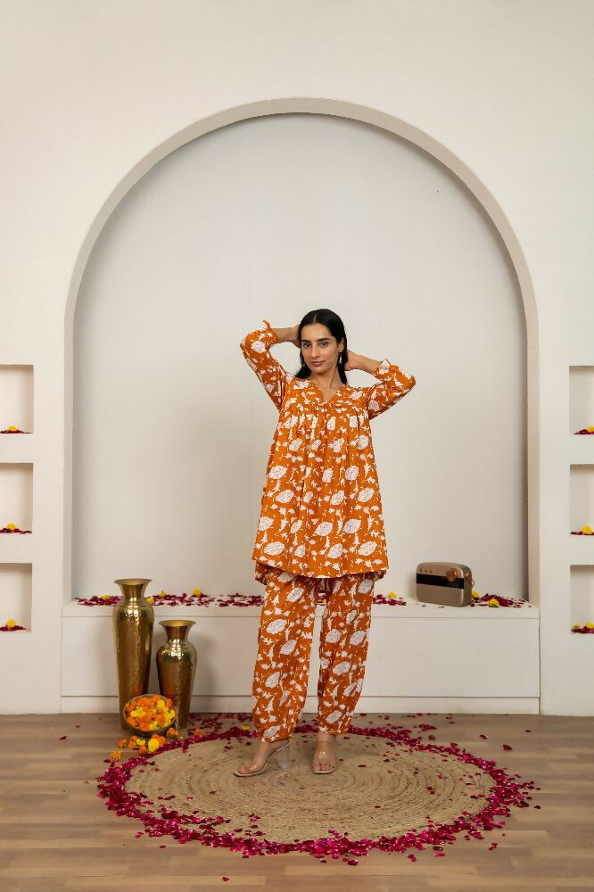 Joban Fashion Peach Hand Block Print Cotton Kurta Set