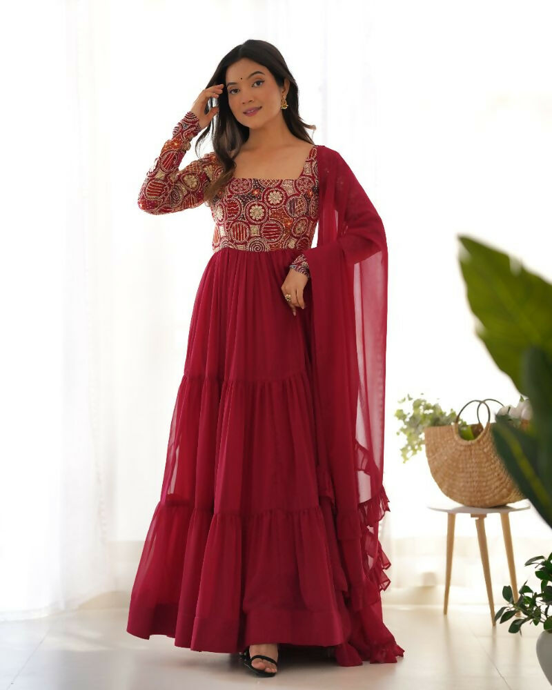 Teeya Creation Maroon Color Faux Georgette Heavy Multi Thread Work Functional Wear Gown
