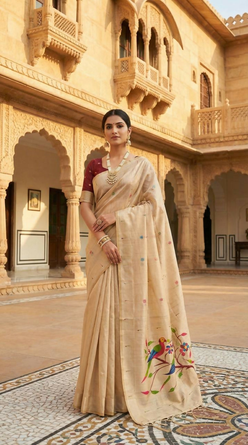 Vastranavya Cream Muga Cotton Meenakari & Munia Weaving Pallu Saree with Contrast Blouse