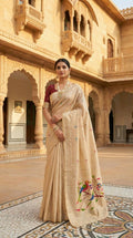 Vastranavya Cream Muga Cotton Meenakari & Munia Weaving Pallu Saree with Contrast Blouse