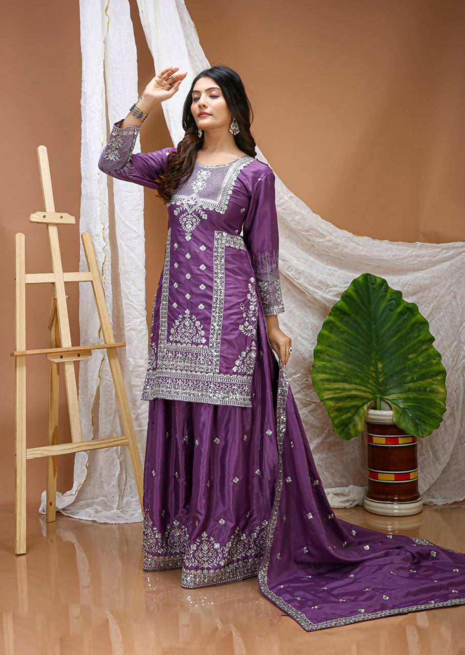 Teeya Creation Lavender Color Natural Crepe Silk Wedding Wear Trending Salwar Suit
