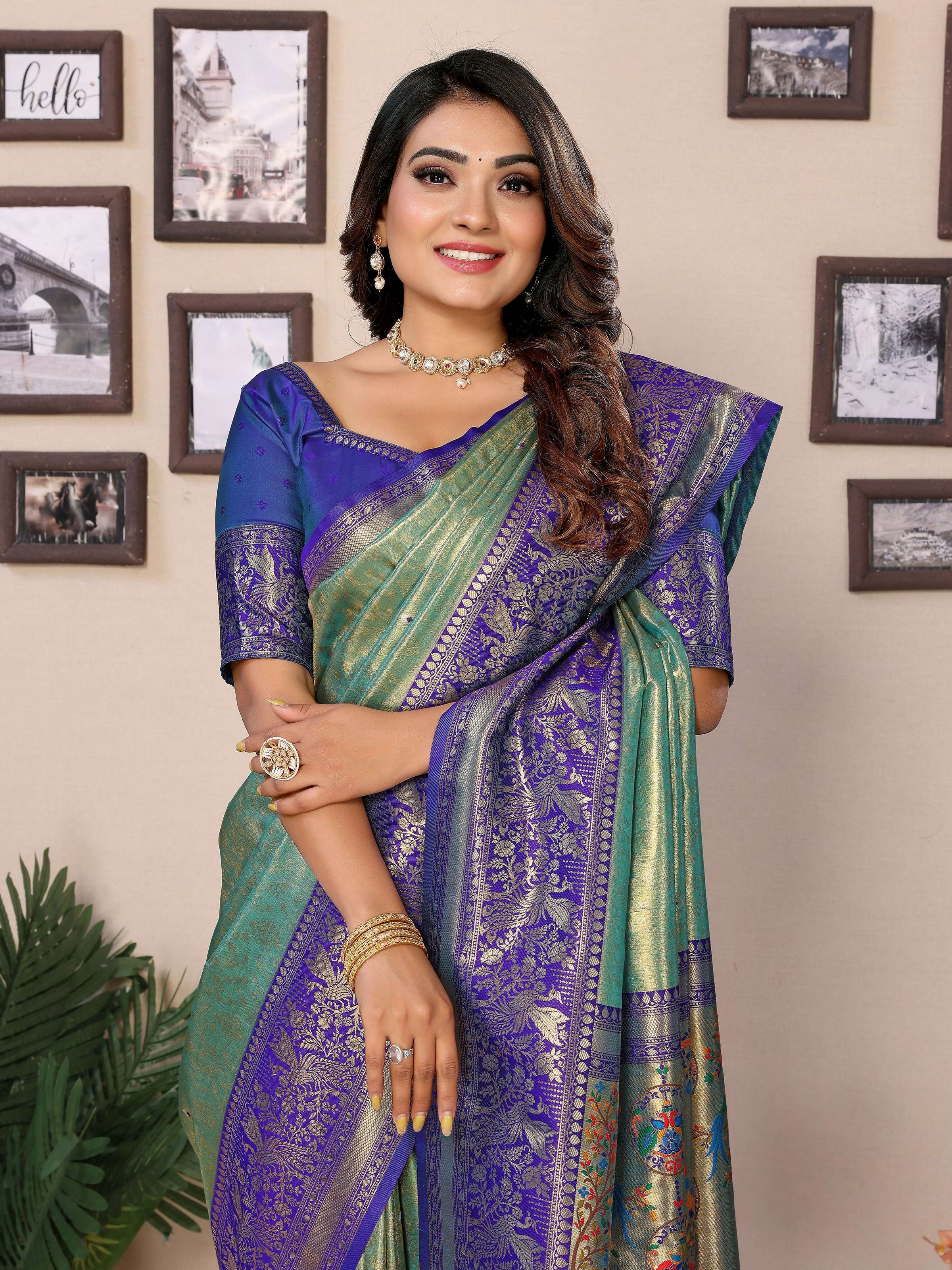 Aastha Fashion Green Tissue Silk Weaving Saree