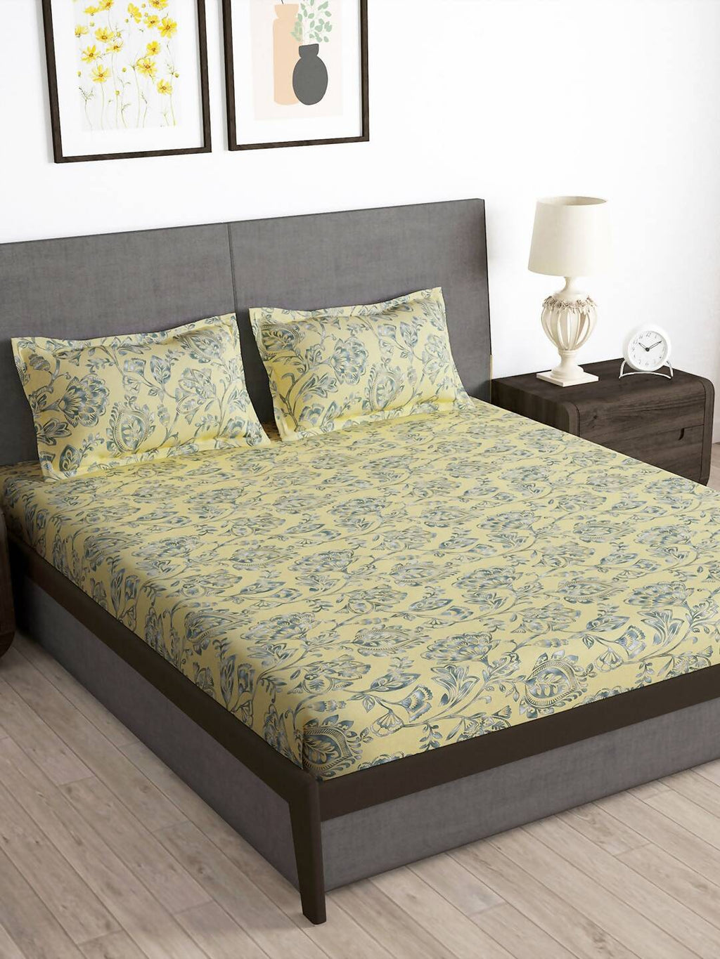 Story@home Cream-Coloured & Grey Floral Microfiber 180 TC Bedsheet & Pillow Cover