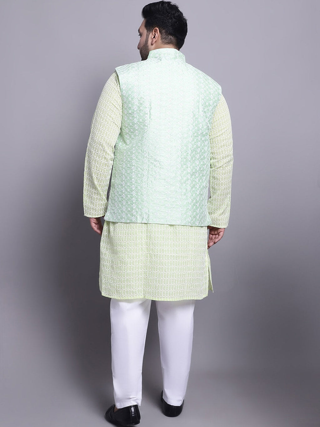 Sojanya Plus Plus Size Embroidered Pure Cotton Kurta With Pyjamas & Nehru Jacket