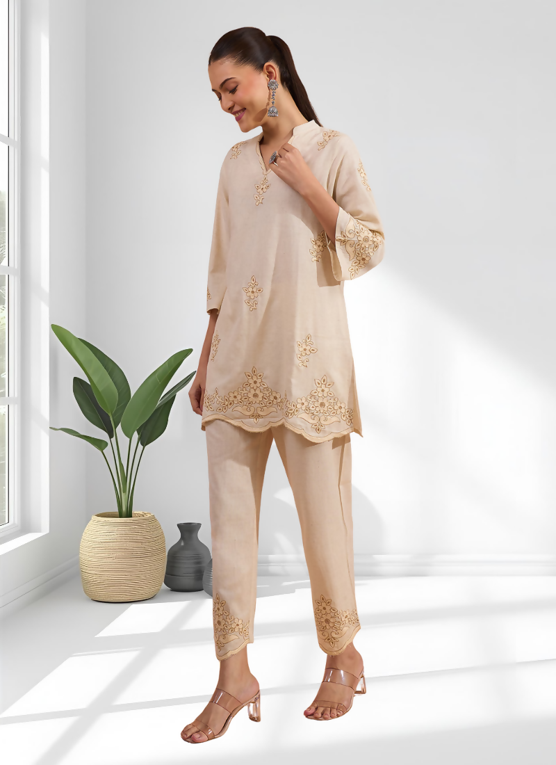 Joban Fashion Beige Linen Embroidered Readymade Cord Set
